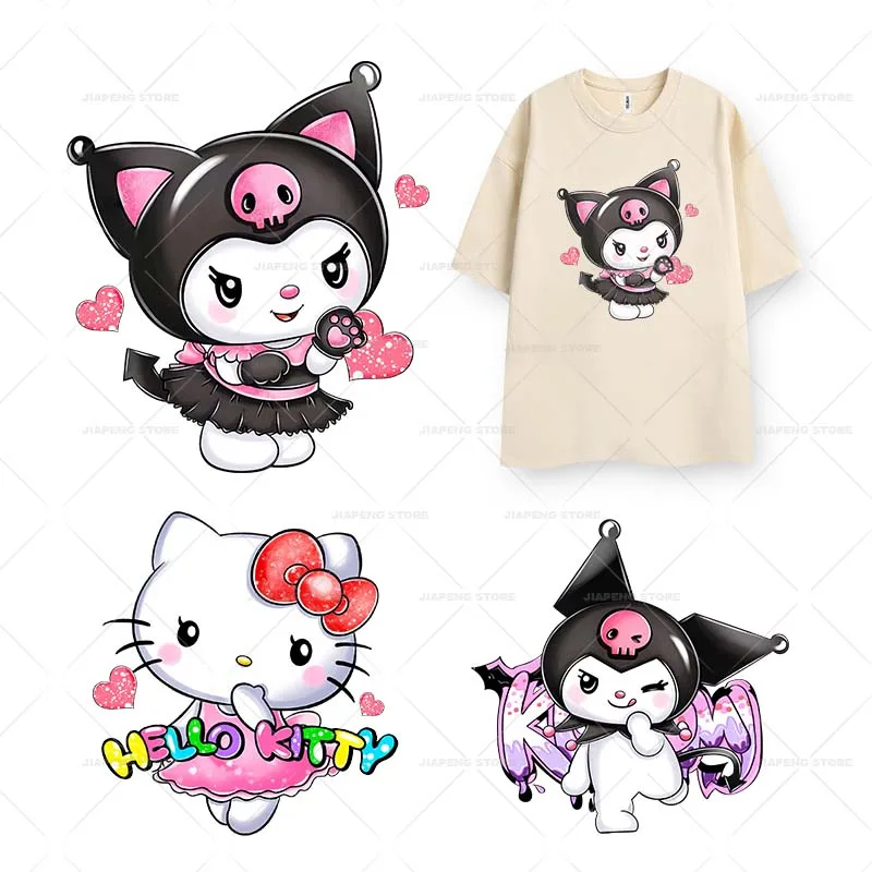 Kuromi-Parches de transferencia de calor para planchar para ropa, pegatinas estampadas de Hello Kitty, Sanrio, decoración de camisetas para niñas,