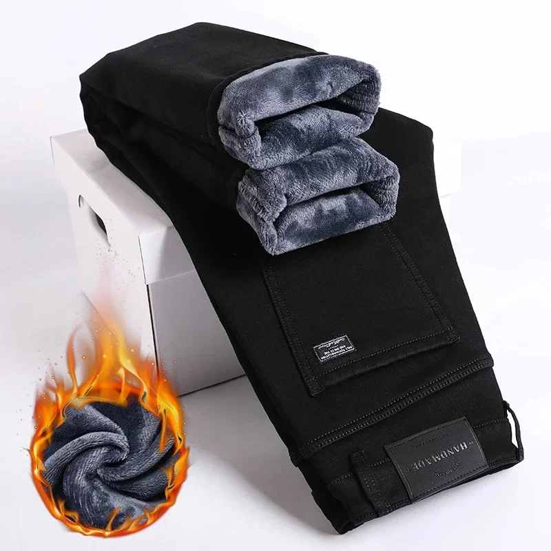 3 cores novas calças de brim quentes de lã masculina inverno grosso veludo negócios clássico fino ajuste calças estiramento casual denim calças masculinas
