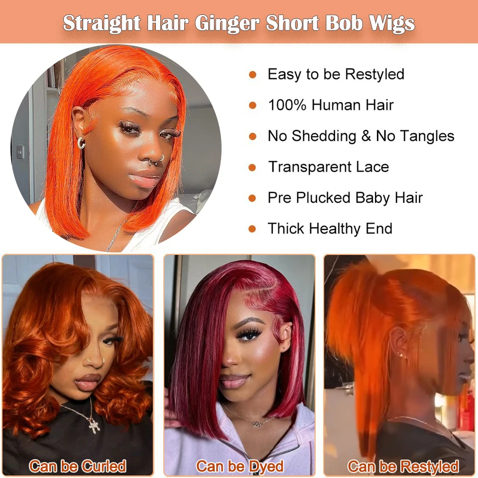 Ginger Bob Wig Human Hair 13x4 Lace Front Wigs 8-16 Inch 4x4 Short Straight Orange Ginger Bob Wigs Pre Plucked 180% Density view 5