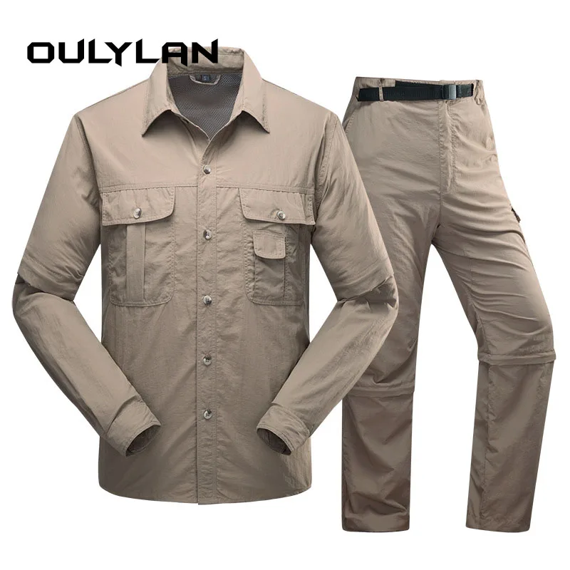 

Men's Trekking Hiking Shirt Pants Tactical Top Pants Set Men Detachable T-shirt Shorts Quick Dry Clothes Set Breathable Sports