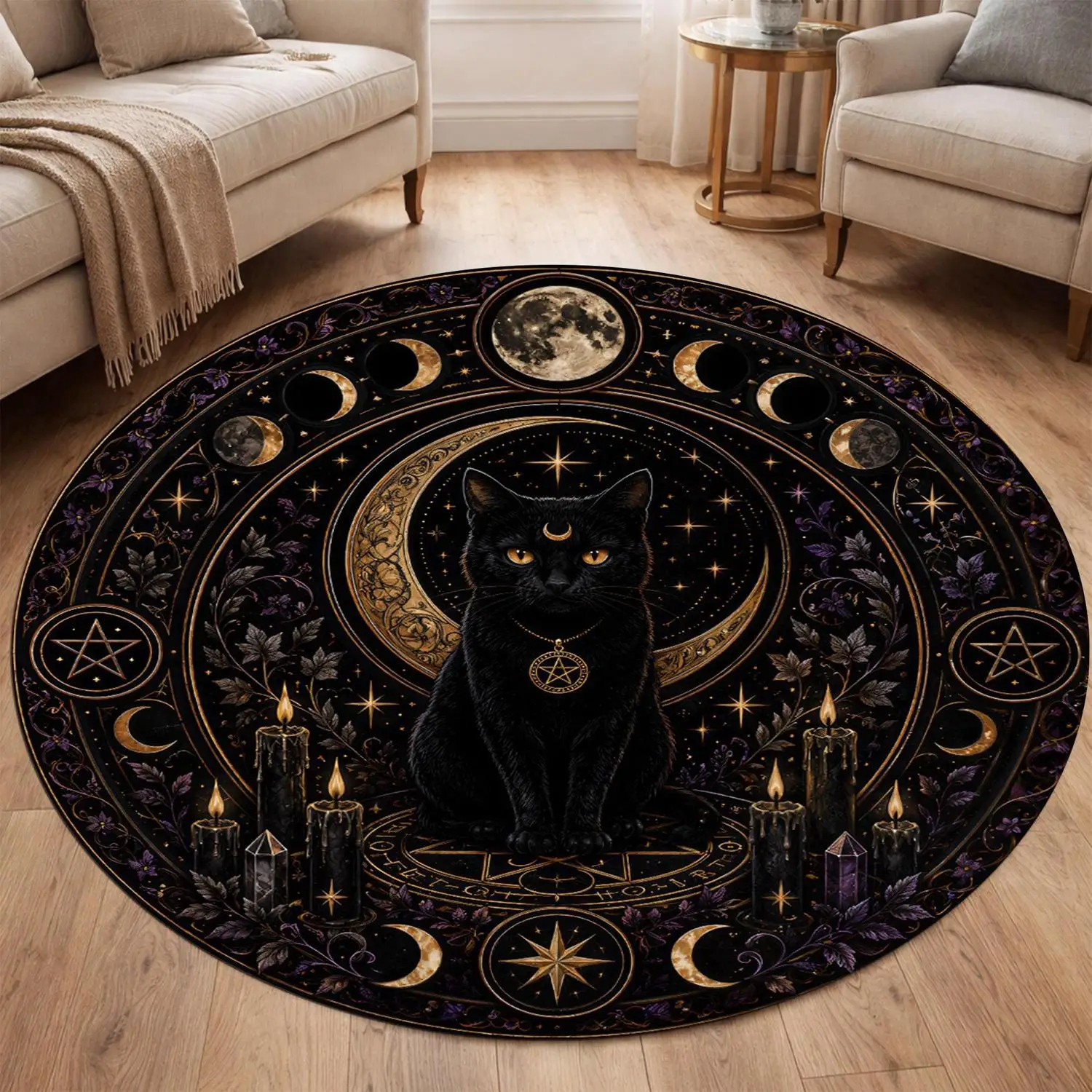 【Room Decor Carpet】Black Cat Moon Phase Round Carpet, Witch Cat Carpet, Gothic Starry Sky Decor, Mysterious Tarot Style Carpet, Dark Academy Style Round Carpet