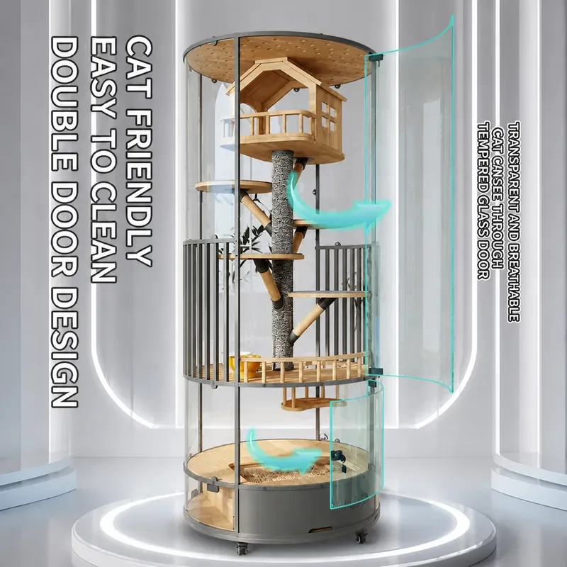 Luxury Cylindrical Cat Villa 360 Panoramic View Four Story Movable Cat Nest Household Cat Cage with Toilet