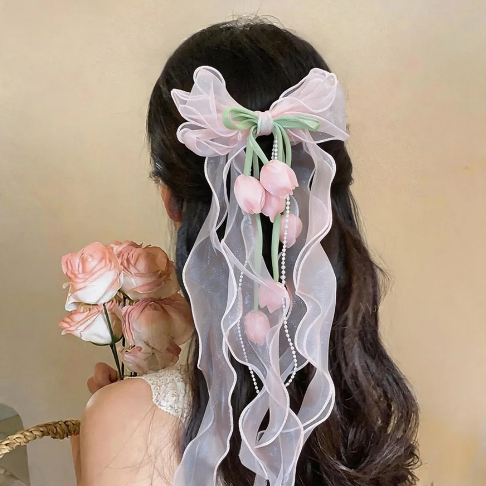 Fairy Style Tulip Hair Clips Mesh Ribbon French Luxury Muguet Flower Hairpin Chiffon Textured Pendant Tassel