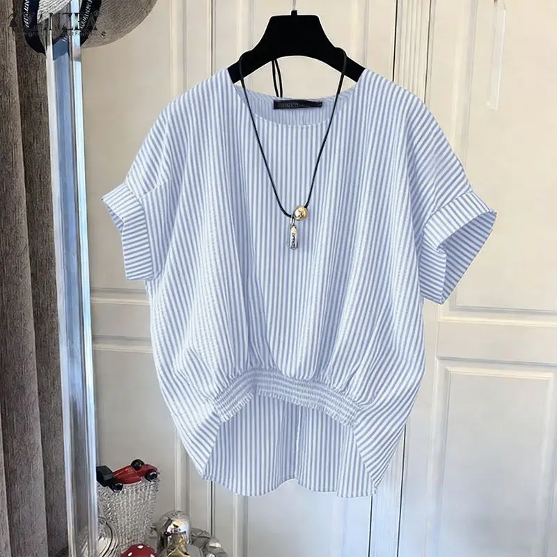 Summer Striped Blouse Trend 2026 ZANZEA Women O Neck Short Sleeve Tops Elegant Work Shirt Casual Loose Mujer Shirring Hem Blusas