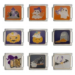 Halloween Ghost Skeleton Pumpkin Bat Candy Moon Beads Fit 9mm Italian Charm Bracelet Stainless Steel DIY Jewelry Making Gifts