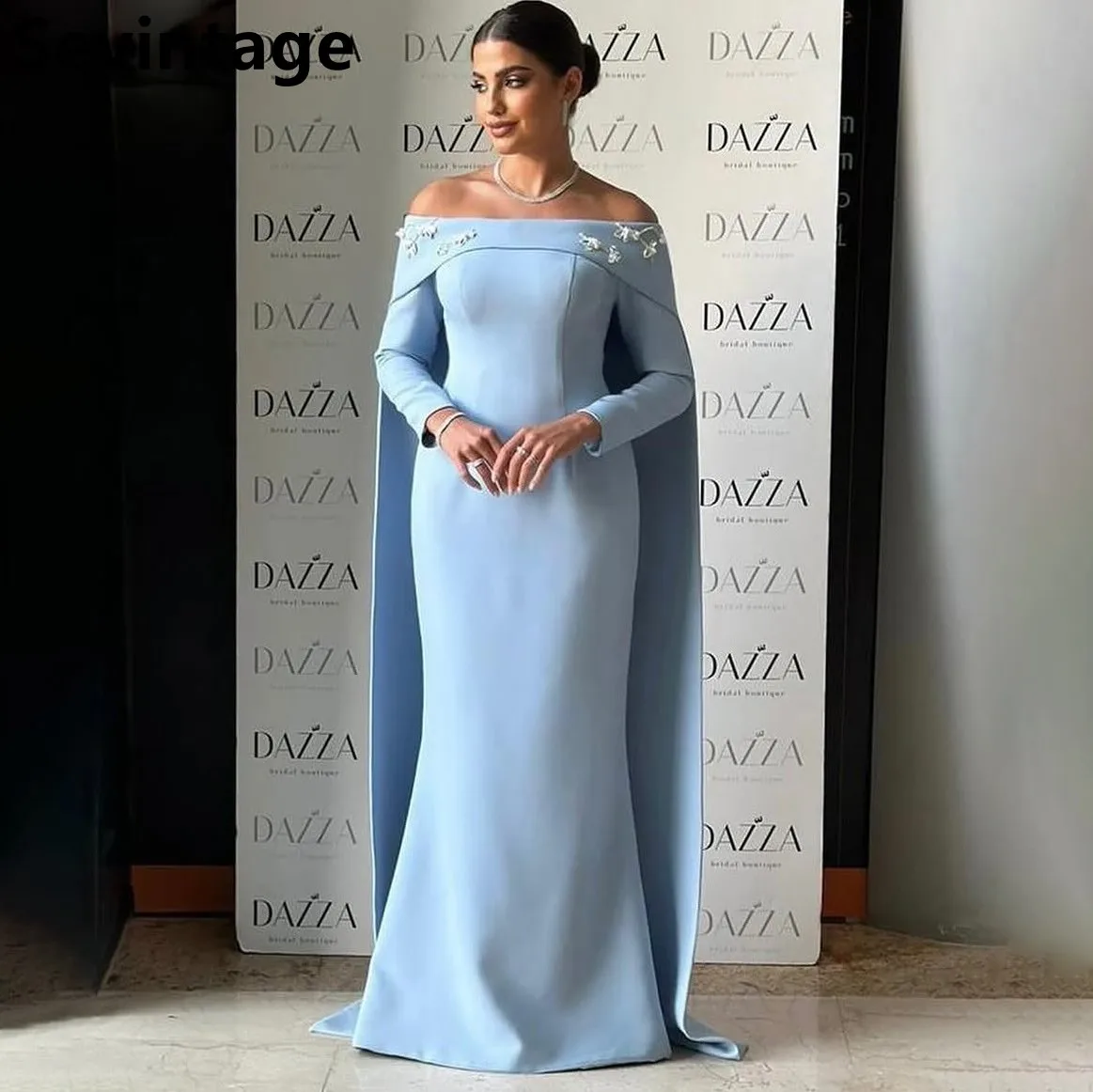 

Sevintag 2025 Sky Blue Off Shoulder Mermaid Saudi Arabic Evening Dress For Wedding Party Prom Dress Dubai Party Gown Customized