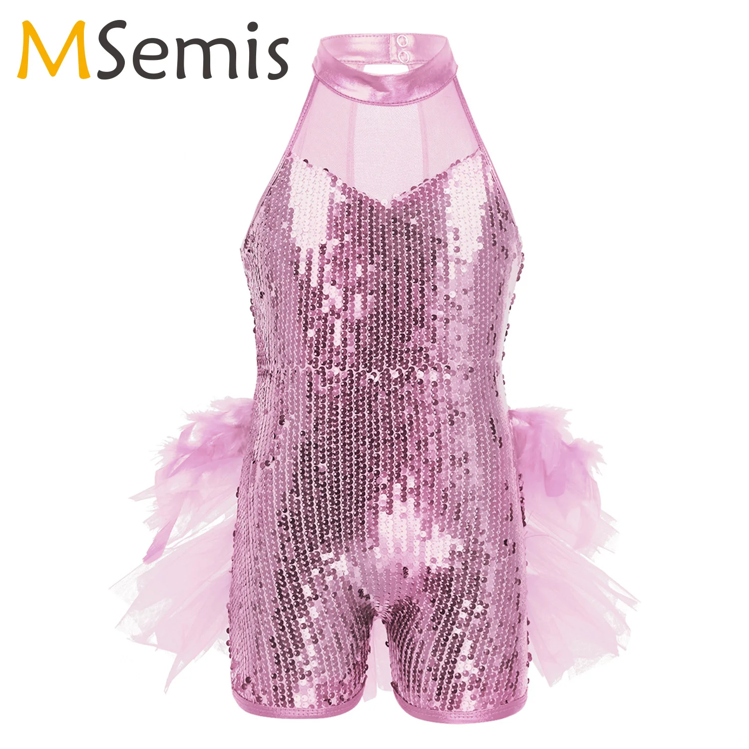 

Girls Sequins Feather Jazz Latin Ballet Dance Costume Leotard Jumpsuit Sleeveless Mock Neck Dance Leotards Jazz Costume