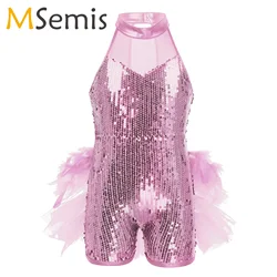 Girls Sequins Feather Jazz Latin Ballet Dance Costume Leotard Jumpsuit Sleeveless Mock Neck Dance Leotards Jazz Costume