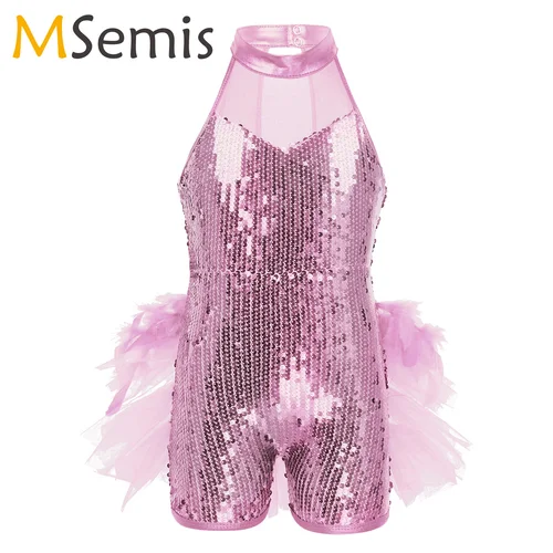 Traje de baile de Ballet latino de Jazz con plumas y lentejuelas para niñas, mono sin mangas con cuello simulado, Leotardos de baile, disfraz de Jazz