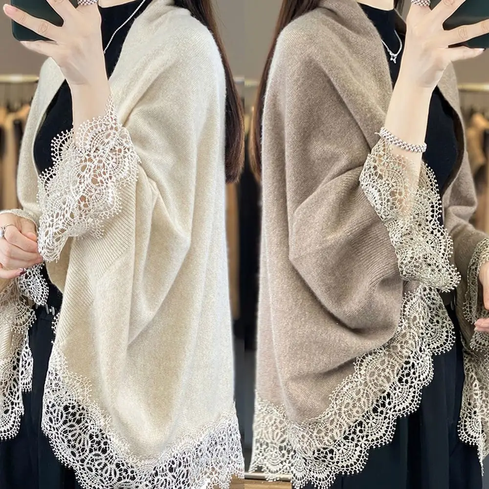 Trendy Women Wool Knitted Shawl Skin Friendly Spring Autumn Lace Edge Scarf Breathable Luxury Brand Design Cardigan Top