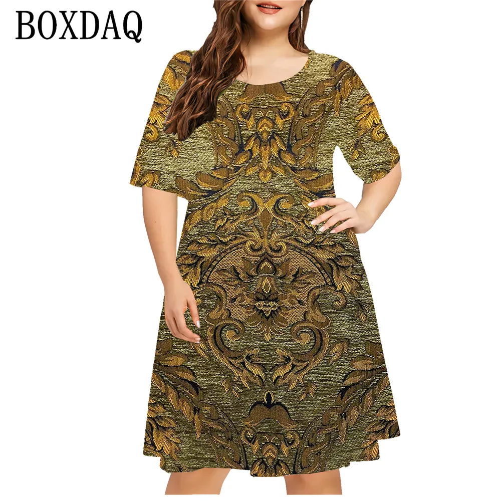 Vestido feminino colorido com padrão circular, solto na moda verão, com decote em O, manga curta, casual com estampa 3D, plus size 6XL