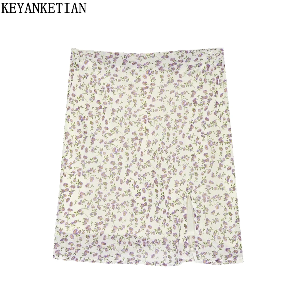 

KEYANKTIAN Women's Retro Daisy Floral Slit Skirt Summer New Sexy Zipper High Waist Tight Pack Hip Skirt Holiday Slit Mini Skirt