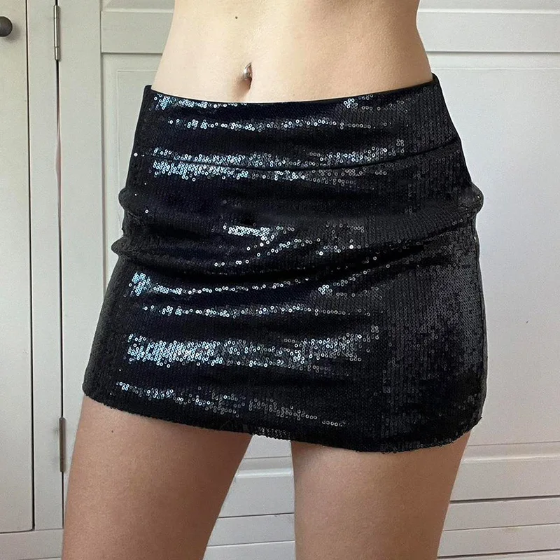 HOUZHOU Mini Sequin Skirt Women Y2K Sexy Low Waist Slim A-line Shiny Short Skirt with Paillettes High Street Evening Party Club