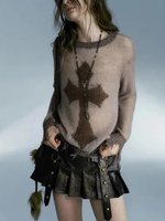 Gothic hip-hop streetwear knitted pullover retro American design hollow cross print sexy and loose niche sweater Y2k 2000s top