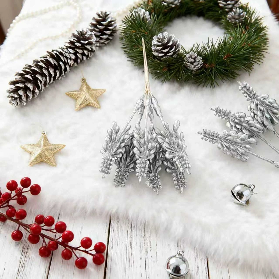 

Artificial Flowers Plant Golden Pine Home Sala Room Christmas Tree Wedding Wreath Decor Bridal Simple Dainty Craft Gift Ornament