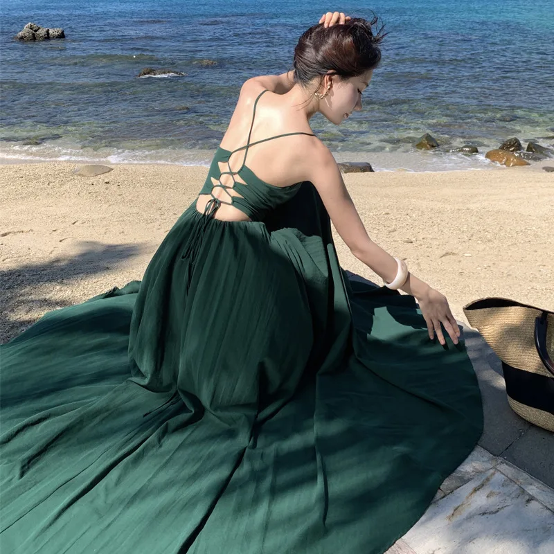 

New Vintage Green Long Dresses for Women Sexy V-neck Backless Lace-up Evening Party Dress Summer A-line Vestidos Female Clothing