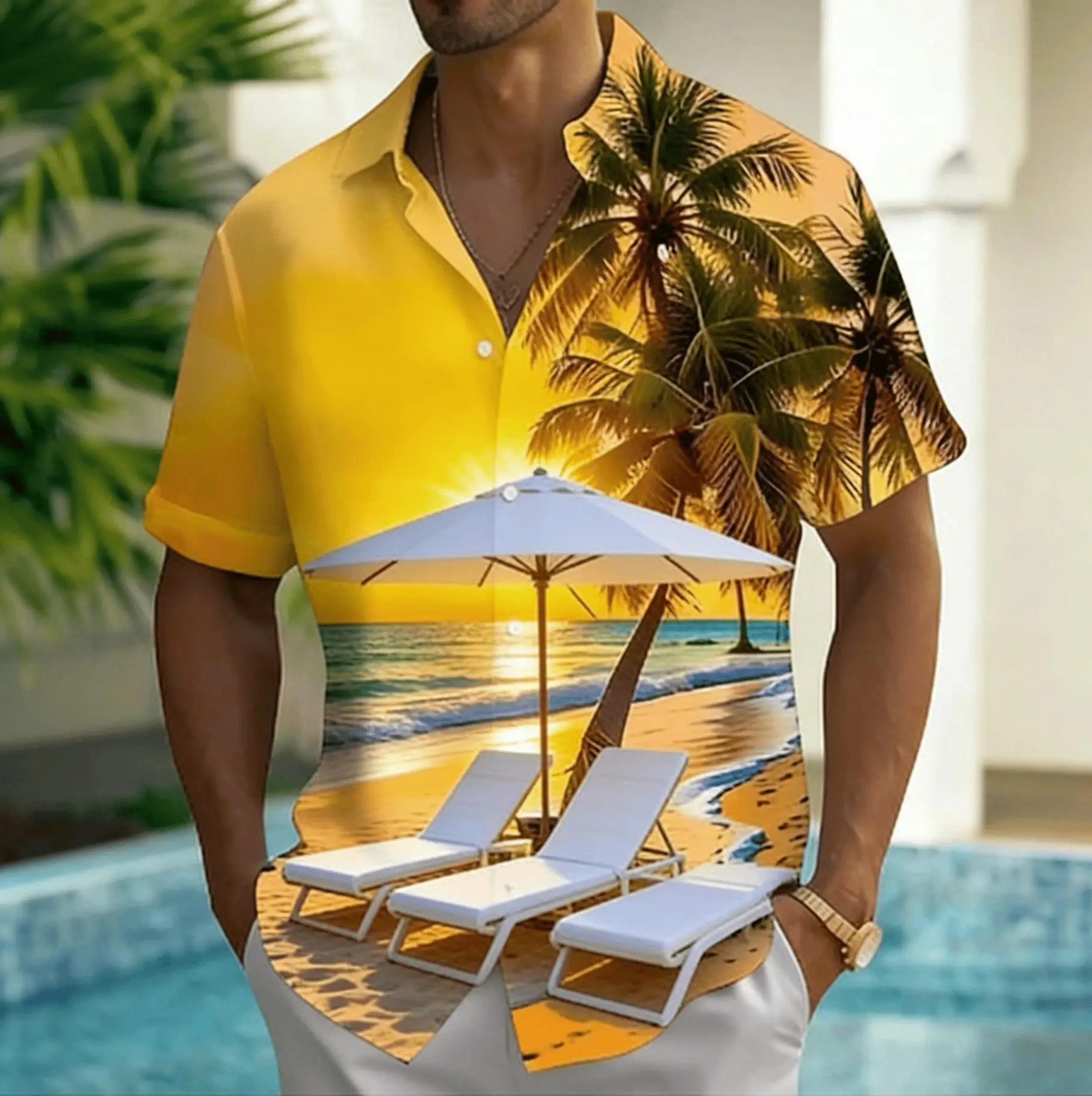 Herren-Kurzarmhemd mit Sonnenuntergangs-Strand-Print, Frühling-Sommer-Urlaubsbluse, lockeres Freizeit-Oberteil