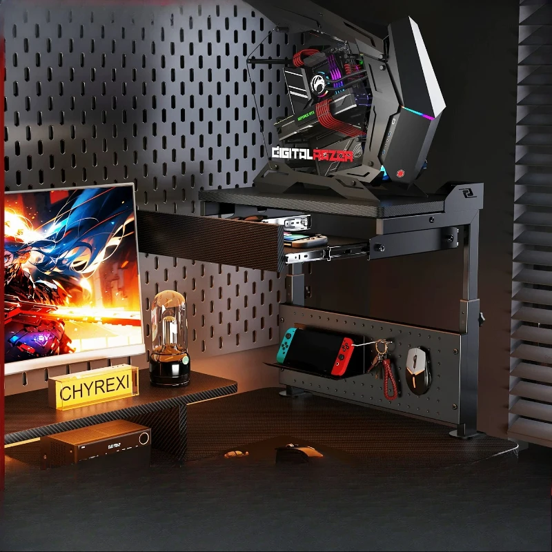 Workspace Desktop Storage Rack Floating PC Tower Bracket No Drill Mount Host Holder with Drawer Pegboard Organizer for Office