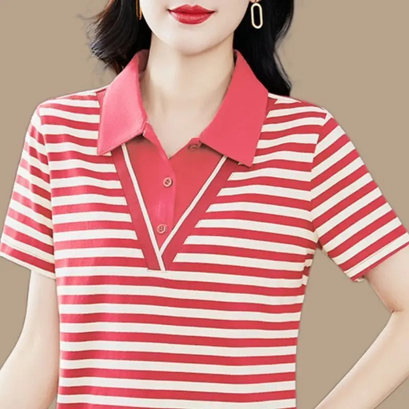 Women's Striped Polo Shirt Casual Summer Top With Contrast Collar And Button Front Design For Middle Age Women