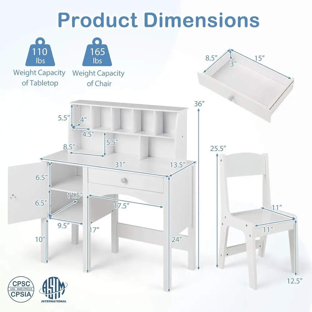 Houten kinderstudeerbureau met hok, grote opbergkast en lade, witte thuisschoolbureau en stoelset voor kinderen vanaf 3 jaar