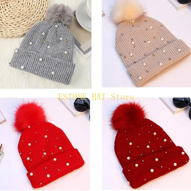 49MF Trendy Pearl Woolen Hat Knitted Hat Beanie Hat Coldproof for Happy Selfie