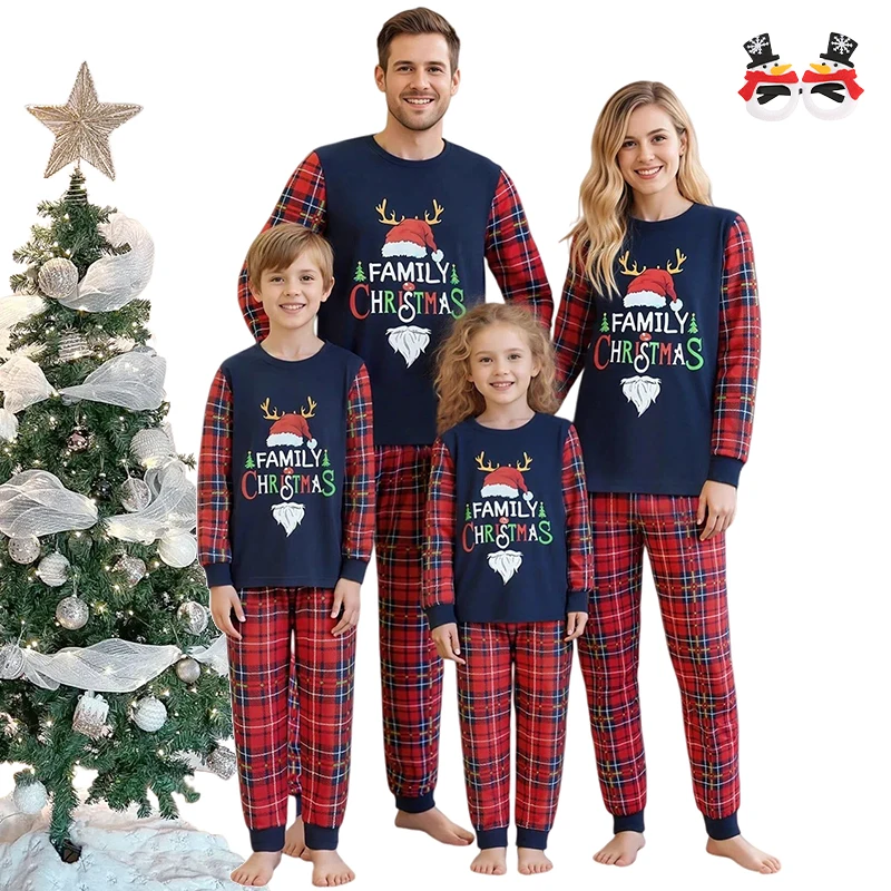 

Christmas Family Matching Outfits High Quality Letter Print Top + Plaid Pants Mother Kids Pajamas Xmas Couple Sibling Loungewear