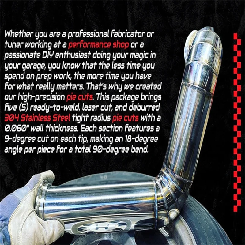Corte de pastel de radio apretado de acero inoxidable de 90 grados (no soldado) - Corte láser y desbarbado para escape personalizado (5 piezas) -AS97