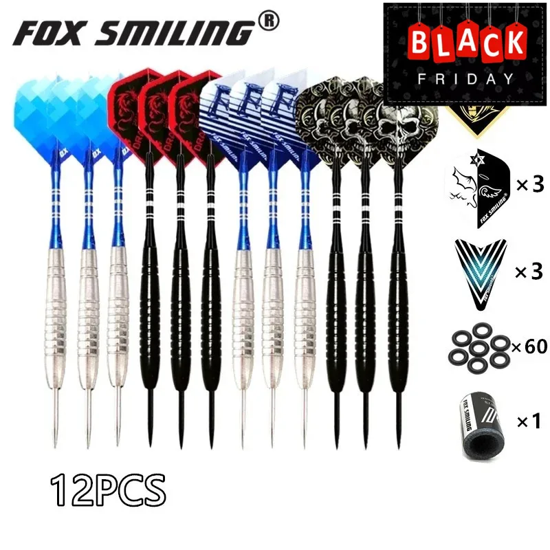 Fox Smiling 12PCS Dardos 18/22g Steel Tip Point Darts Professional With Aluminum Nylon Shaft With 9PCS Flights 1PCS sharpener