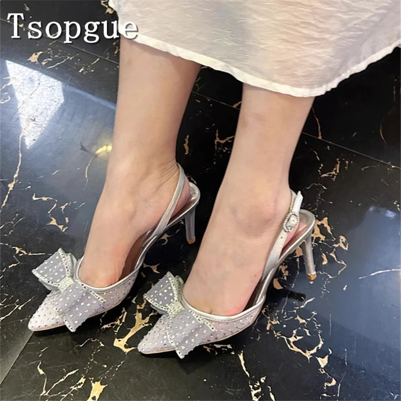 

Shiny Rhinestones Bow Knots Mesh Women High Heels Spring New Birde Wedding Party Stilettos Fashion Pointed Toe Single Shoes