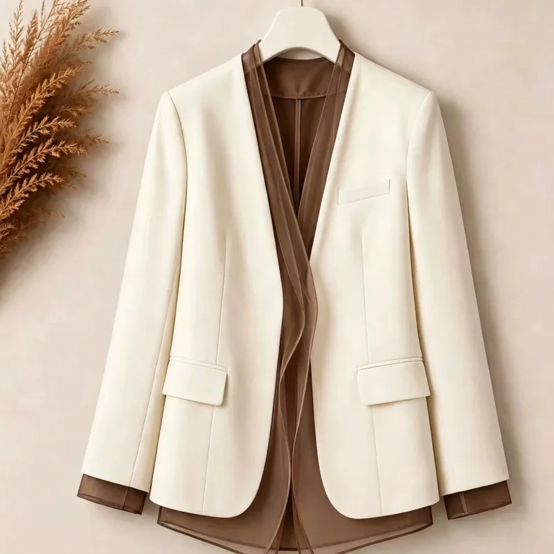 Women Spring Autumn Office Blazer Sheer Mesh Spliced Fake Two‑Piece Long Sleeve V‑Neck Elegant Business Suit Jacket For Ladies