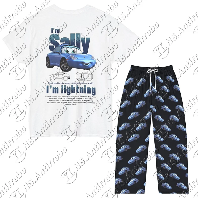 

Комплект домашней одежды для пар Lightning McQueen & Sally 2022, летняя футболка большого размера с пижамными штанами для взрослых/детей, домашний выход