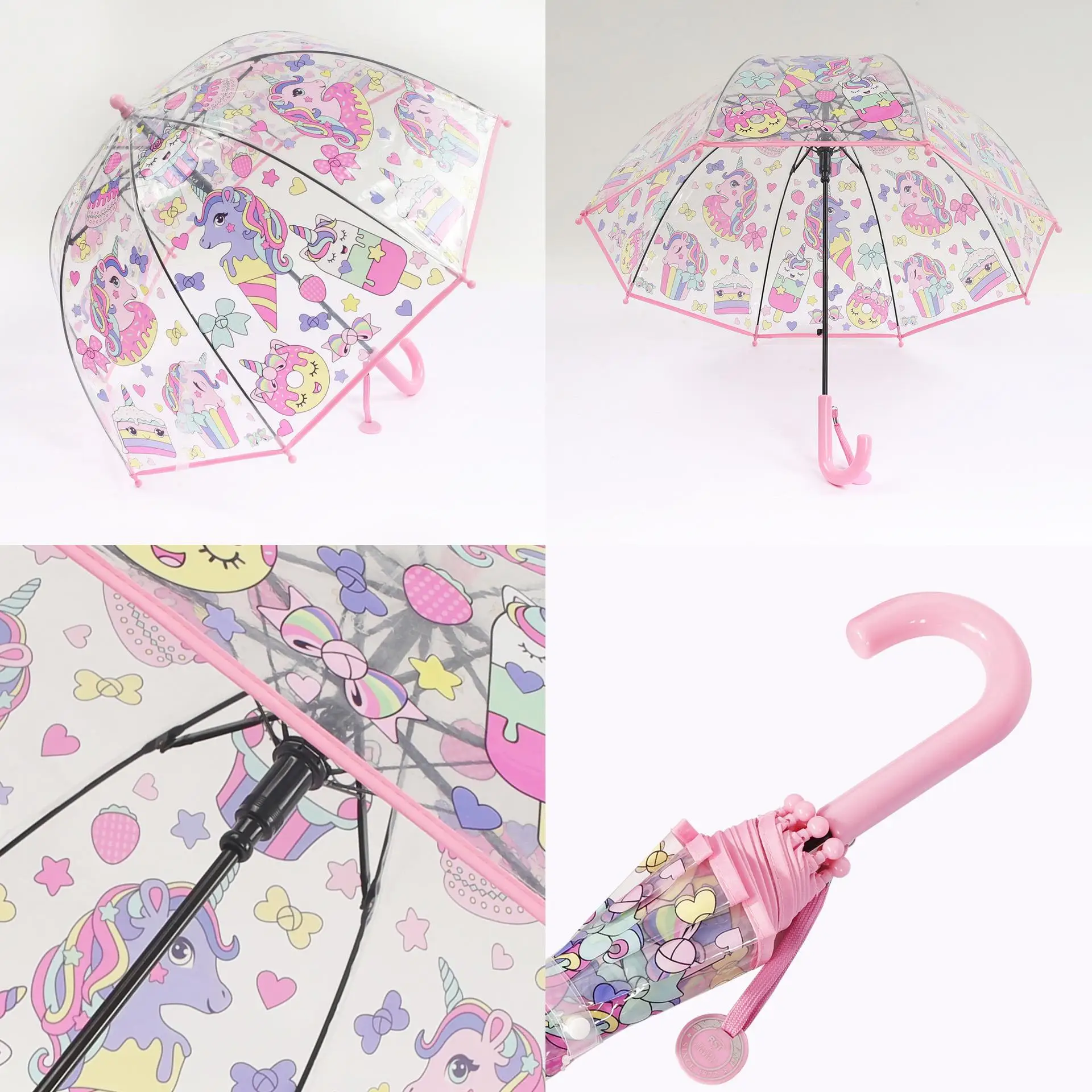 Kids\' Auto Open Colorful Princess Unicorn Umbrella – Multiple Colors, Straight Handle, Wind-Resistant, Cute Transparent Plastic