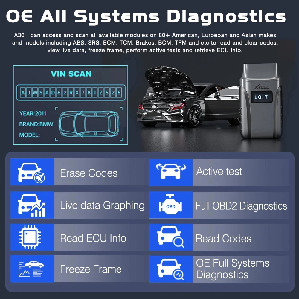 XTOOL Anyscan A30 Full System OBD2 Diagnostic Scanner Oil Reset EPB SAS DPF Throttle Active Test Auto Vin Lifetime Free Update