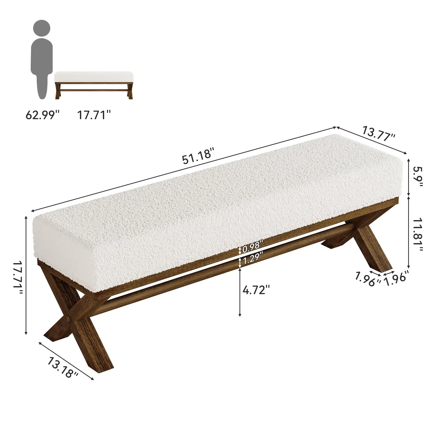 51.18-Inch Solid Wood Dining Bench, Modern Dining Bench with Faux Shearling Padded Seat and X-Shaped Legs, Upholstered