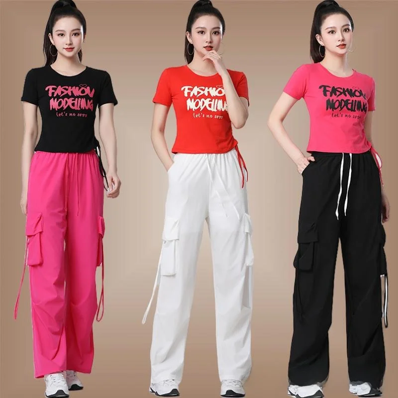 women's-square-dance-outfit-white-top-and-pants-two-piece-set-gym-fitness-performance-clothing-cotton-short-sleeve-high-waist