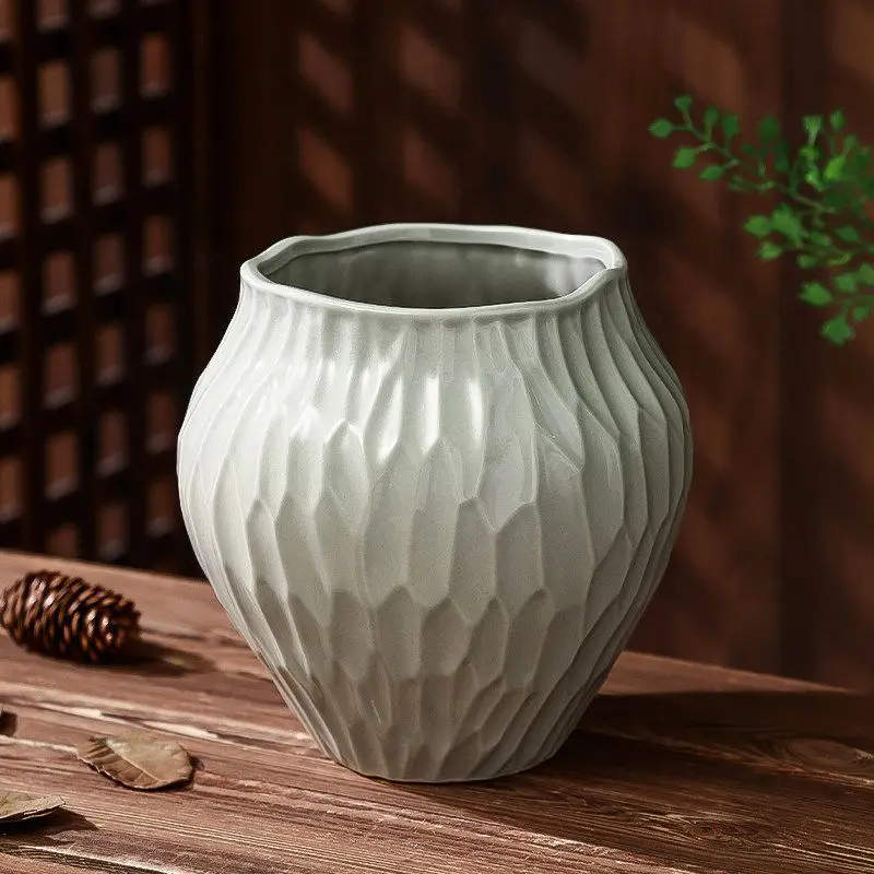 Ceramic Flower Pot Gray Honeycomb Textured Wavy Edge, Indoor Outdoor Succulent Planter For Home Garden Desktop Decor