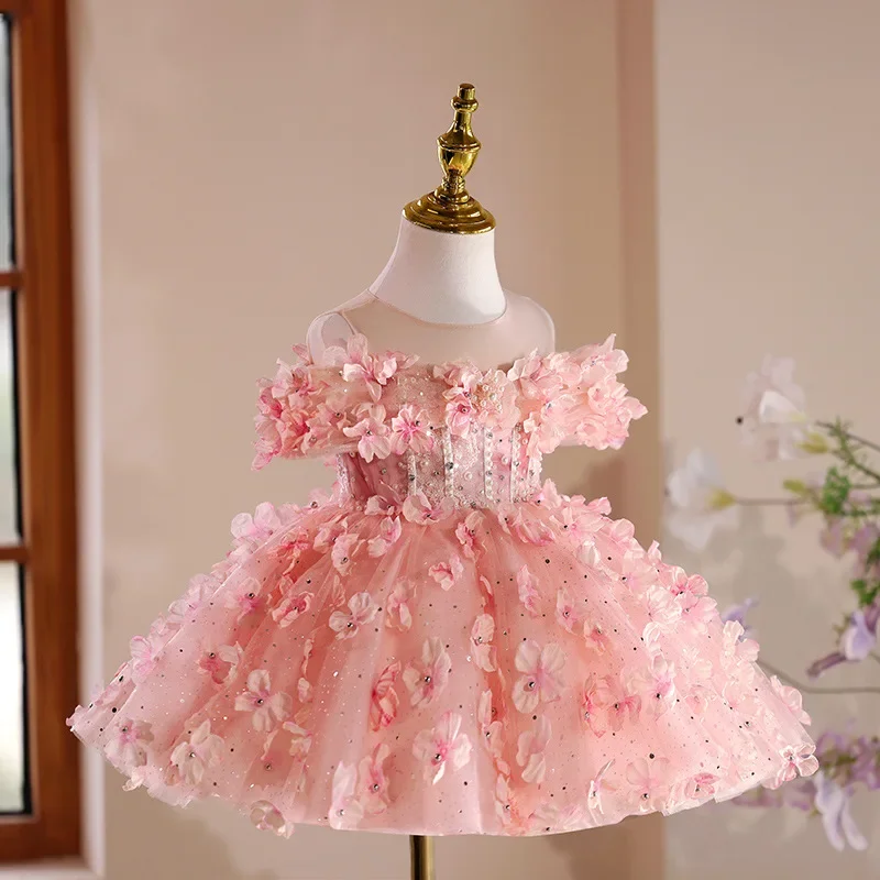 Children Girl Applique Flower Beading Dress Summer Princess Frocks Kids Girls First Year Party Clothing Birthday Fluffy Dress