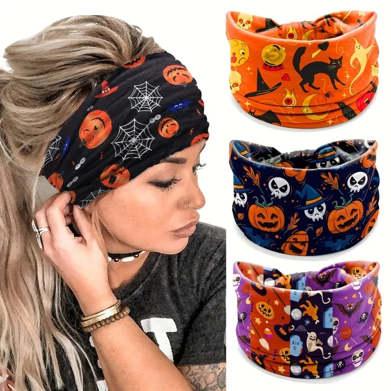 Halloween Schädel Kürbis Spinne Stirnband Vintage böhmischen Sport elastischen Stirnband geknotet Kopftuch für Frauen Haarschmuck – Detail 2