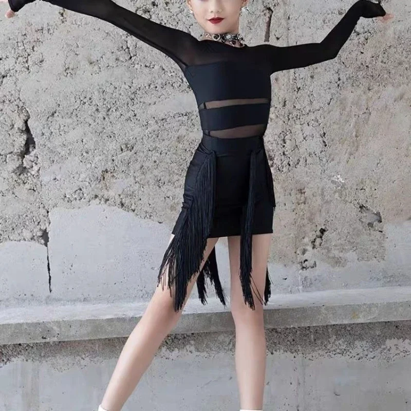 Child Latin Dance Dress Mesh Long Sleeves Top Fringe Skirt Set Cha-cha Samba Training Suit Clothes Performance Costume for Girls