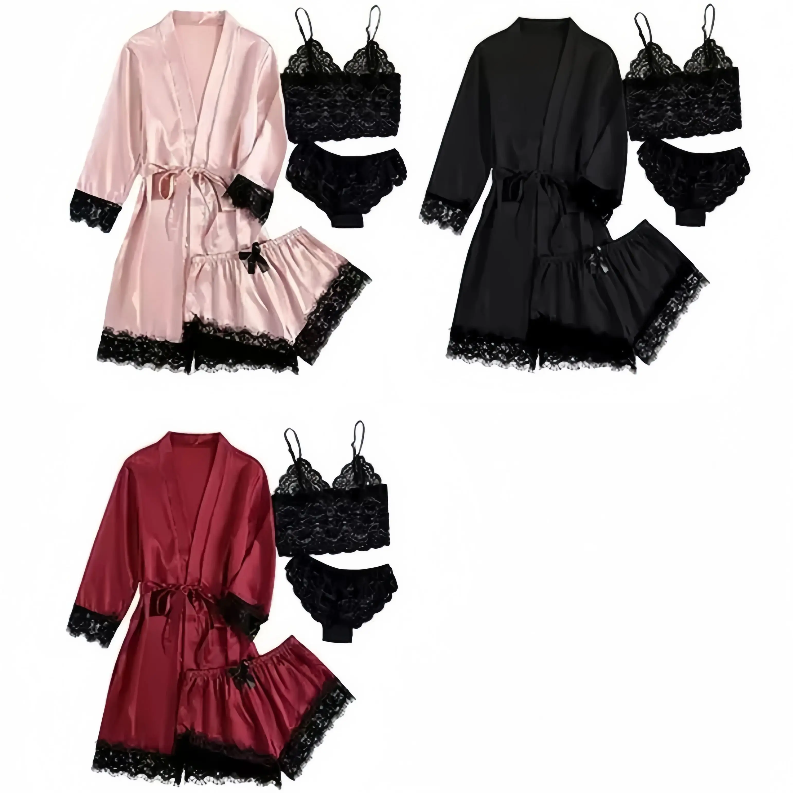 

Женская сексуальная одежда для сна из 3 предметов из атласного кружева — халат винно-красного, черного и розового цвета для романтического образа и домашнего использования