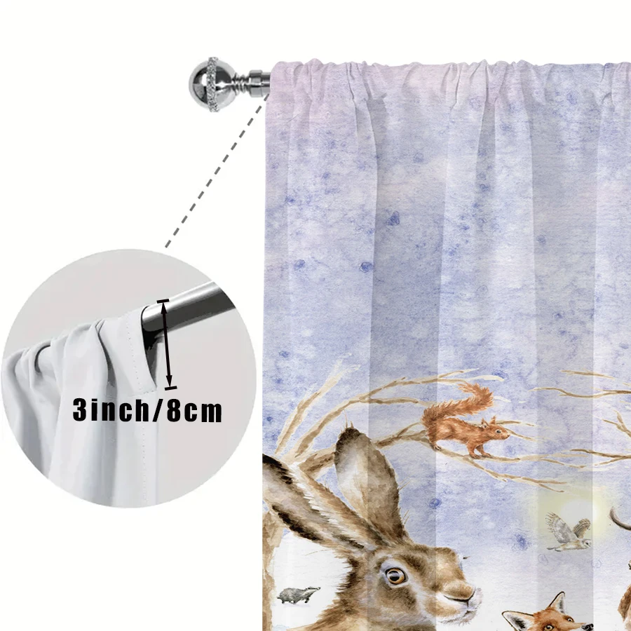 2PCS Watercolor Winter Forest Animals Curtains, Deer Fox Rabbit Hedgehog Christmas Window Drapes for Bedroom Living Room Decor