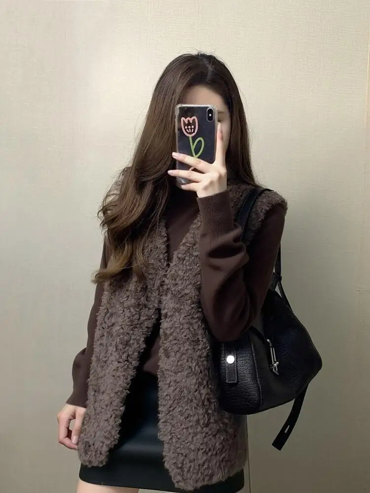 

Korean Sle Retro Warm Layered Lamb Fur Vest Women's Autumn Winter Thiened Collarl Mid-Length oulder Bared Outerwear