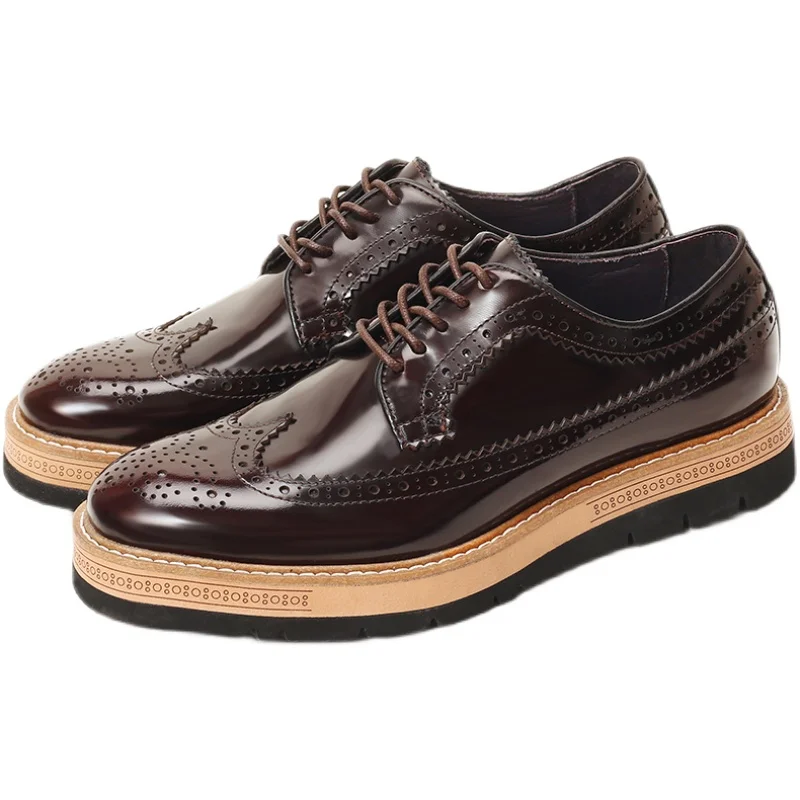 

British Thick Soled Brogue Leather Shoes Men's Business Casual Carved Genuine Leather Work Dress Derby Shoes Male Oxfords