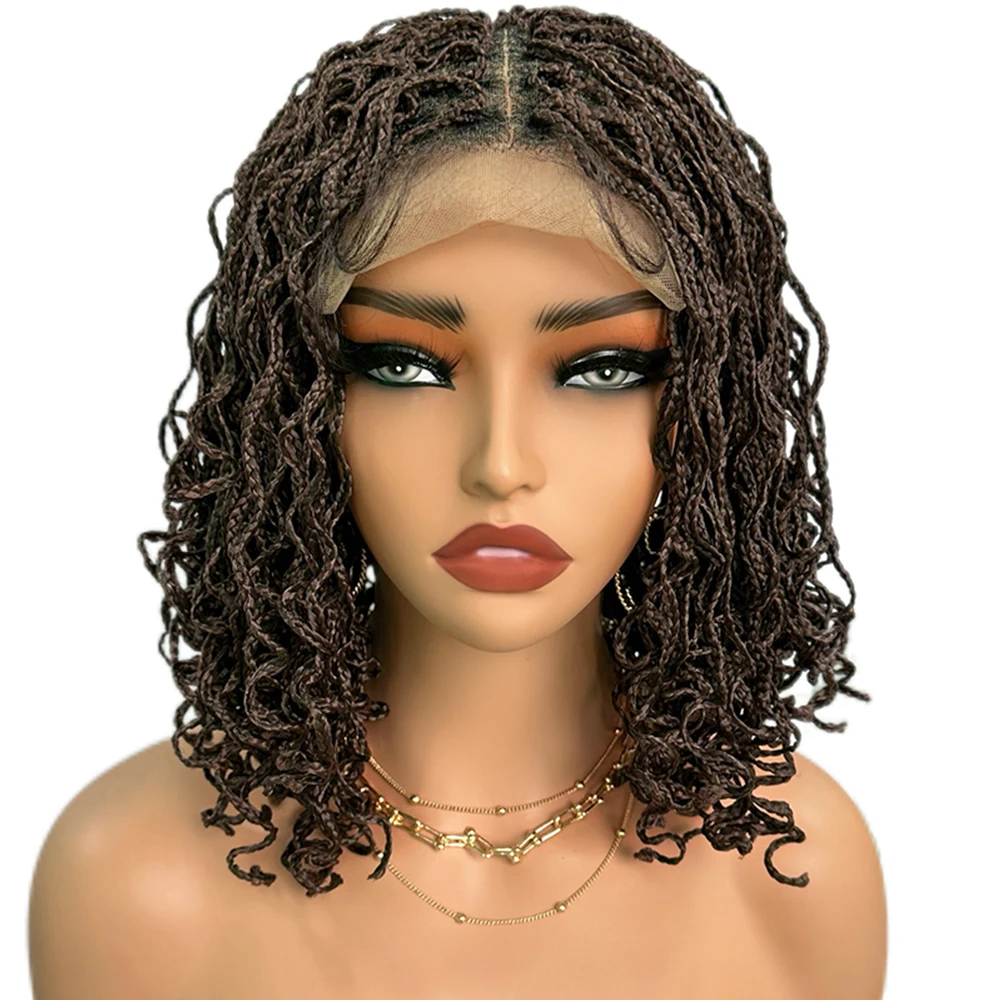 X-TRESS Twist Box Braids Synthetic Wig 4x4 Lace Front Hair for Black Women 14inch Brown Color Synthetic Wig with Baby Hair Daily