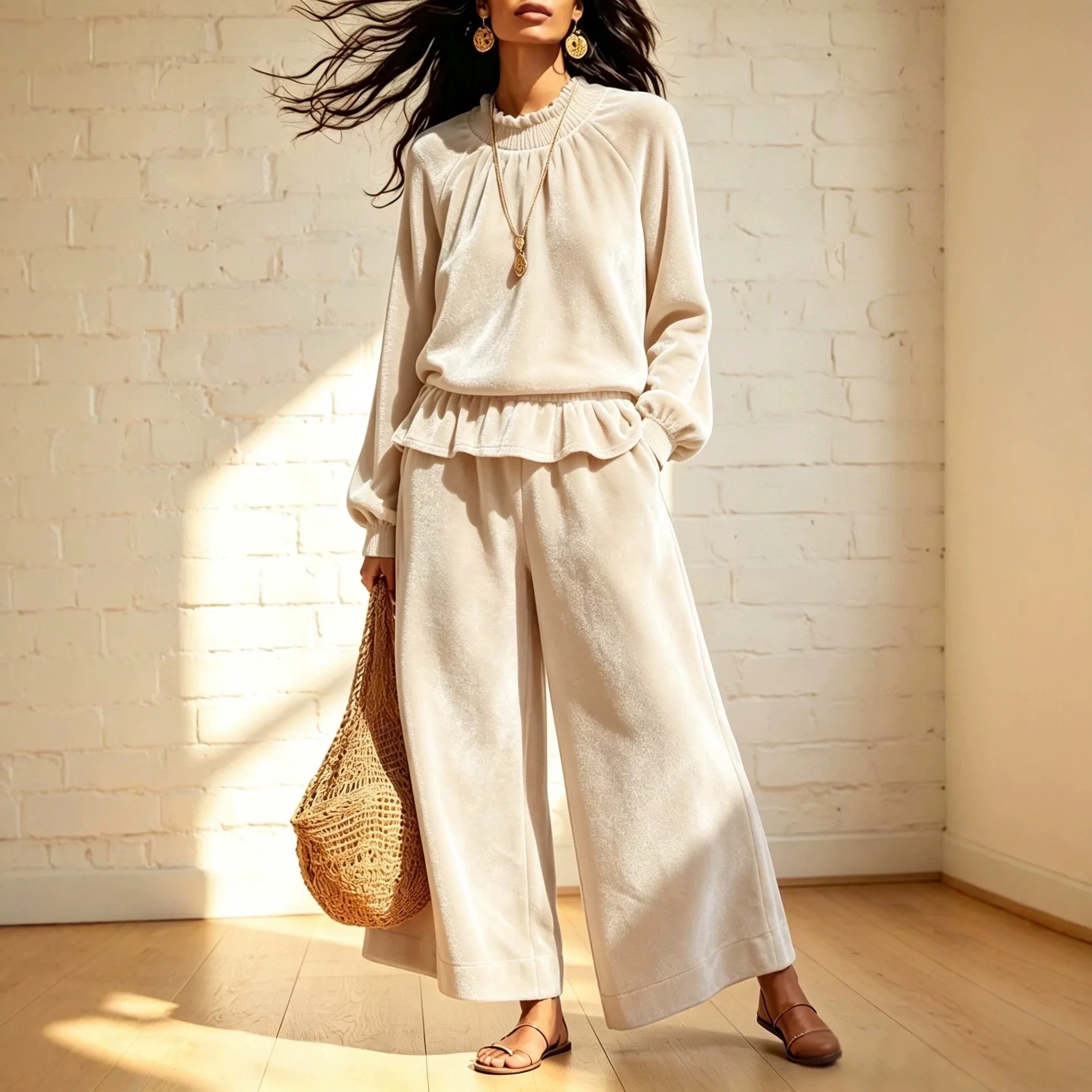 2026 Autumn New Fashion Velvet O Neck Ruffled Hem Women's Long-sleeved Top Suit Casual Pockets Wide-leg Trousers 2-piece Set
