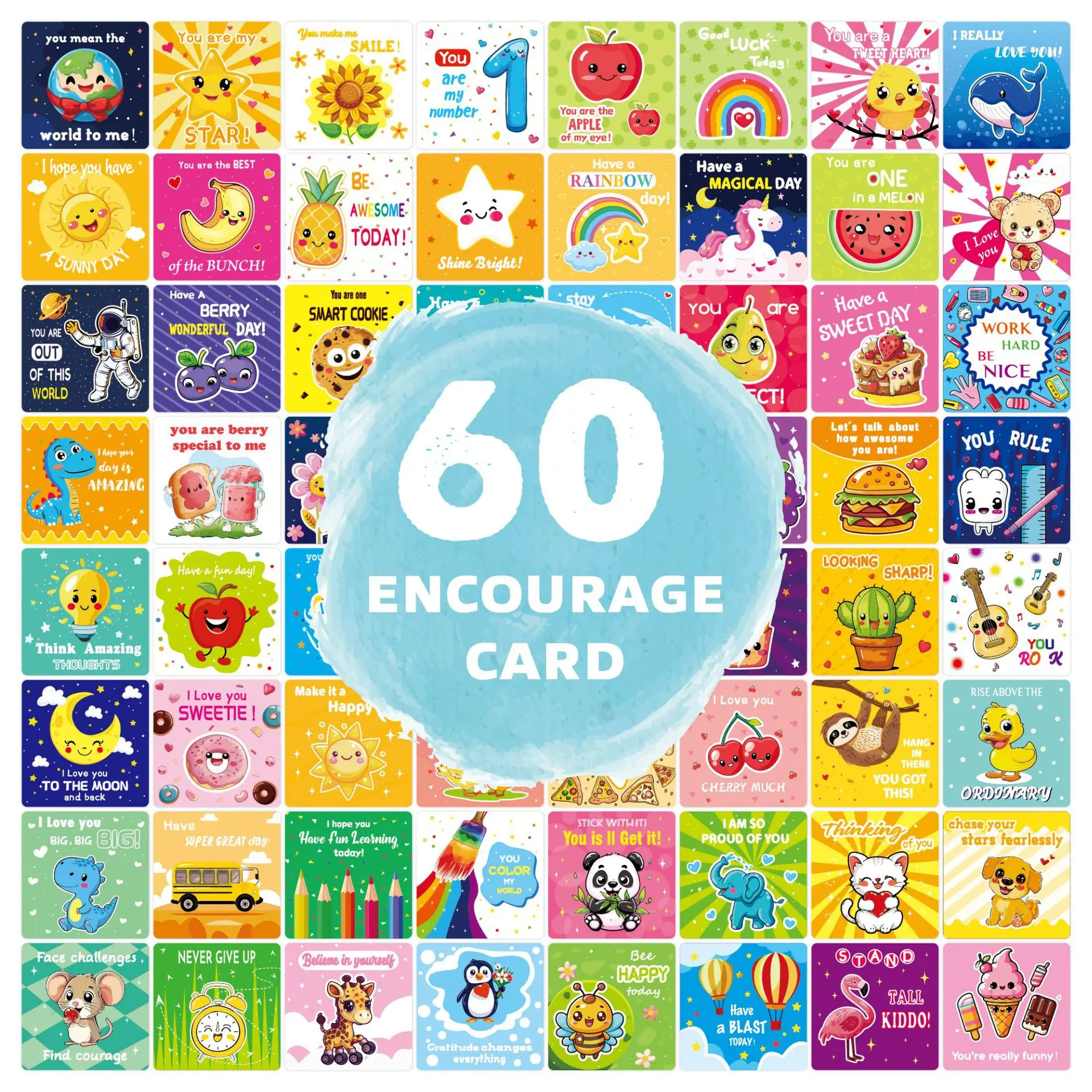 60pcs Kids Encouragement Cards: Cute Cartoon English Positive Notes, Writable Motivational Flashcards for Daily Learning
