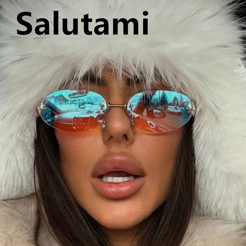 Unique Alloy Pink Mirror Y2K Sunglasses Women New Fashion Rimless Oval Gradient Silver Sun Glasses Ladies Sexy Driving Shades