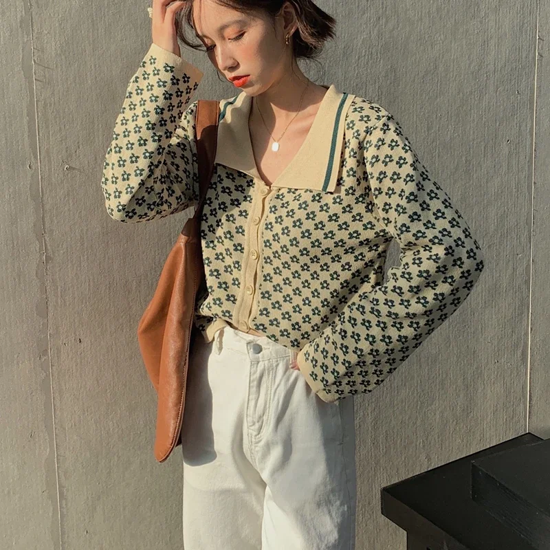 Women Sweater 2024 Autumn New Knitted Pullover Vintage Jacquard Floral Gentle Elegant Loose All-Match Casual Female Cardigan