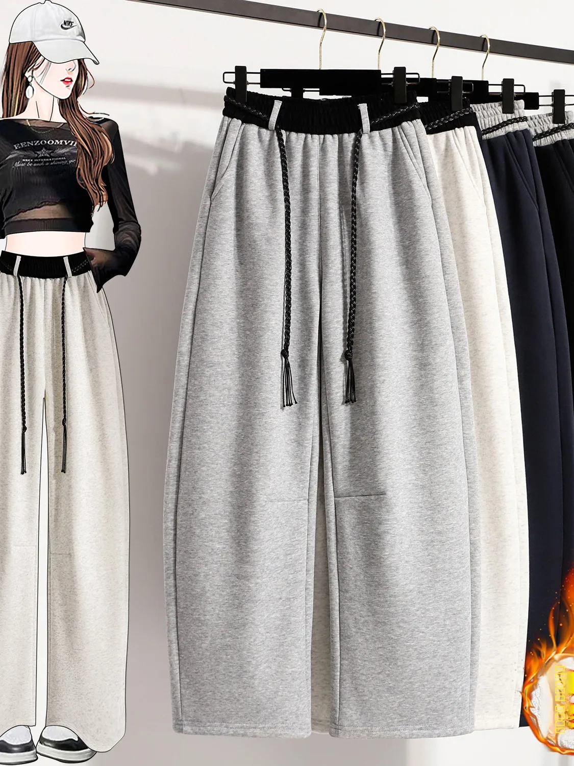 

Зимние утепленные флисовые широкие брюки для женщин: повседневные свободные брюки-бананы для похудения, повседневные спортивные штаны