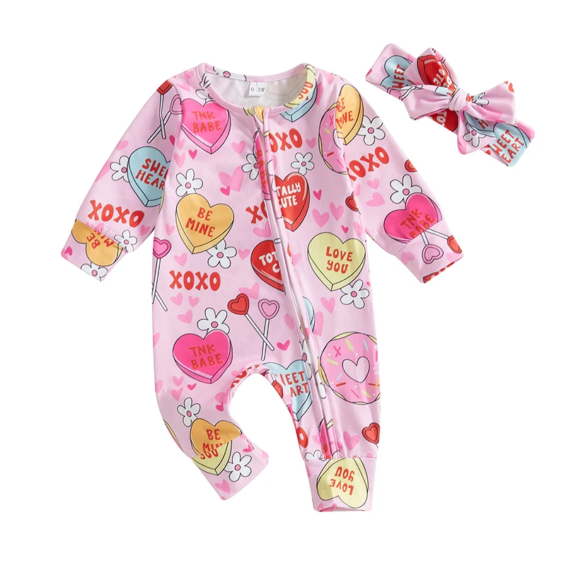 

Baby Girl Valentines Day Outfit Heart Floral Print Long Sleeve Zipper Front Jumpsuit Bow Headband Fall Clothes